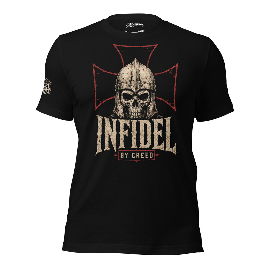 Infidel By Creed knight skull cross back print black tee from Infidel Collective