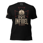 Infidel By Creed knight skull cross back print black tee from Infidel Collective