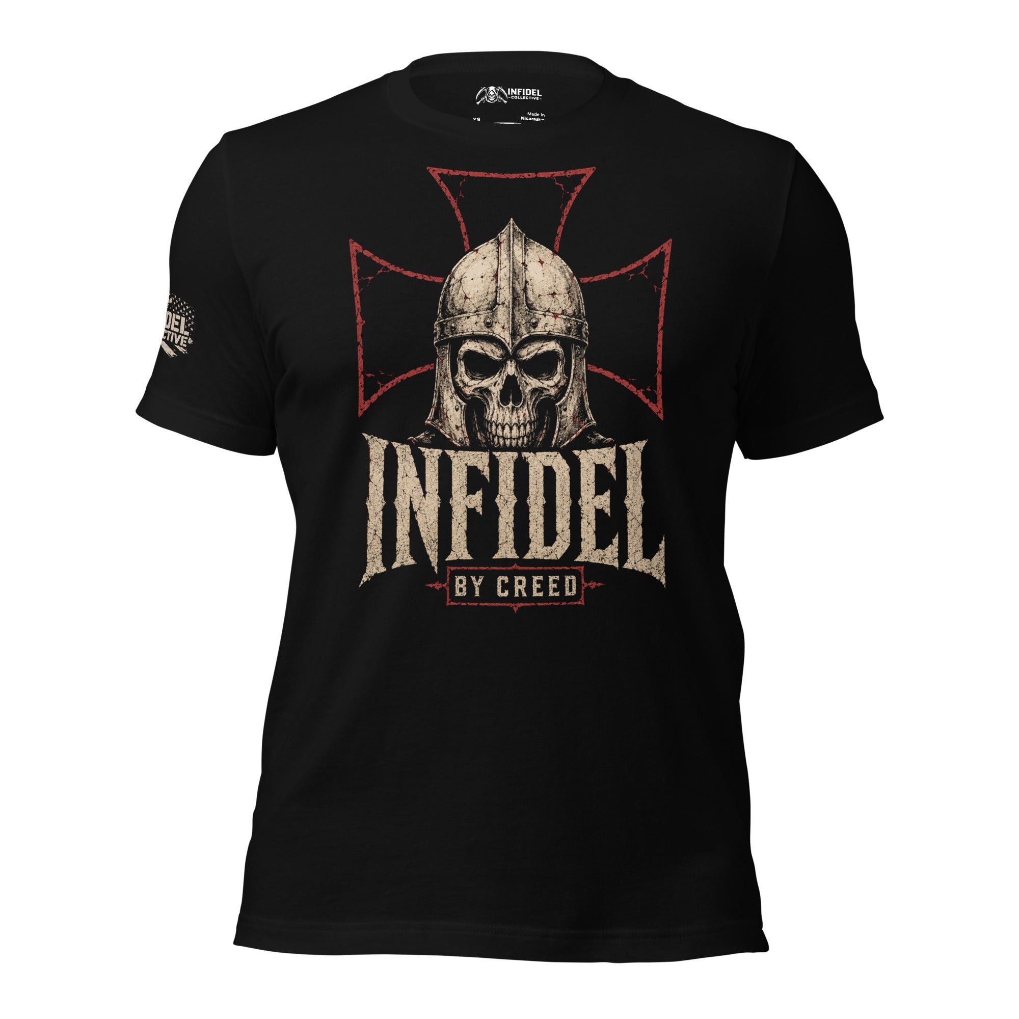 Infidel By Creed knight skull cross back print black tee from Infidel Collective