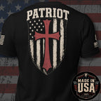 USA Made Patriot American Cross Shield Back Print Tee, black tee, featured back print