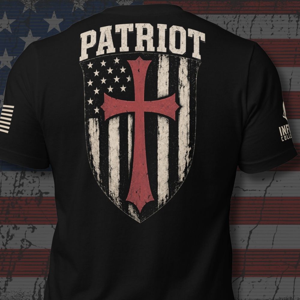 Patriot American Cross Shield Back Print Tee, black tee, back view