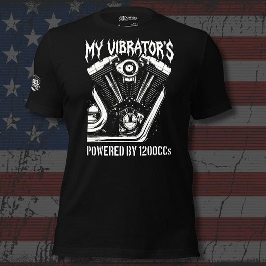 Black t-shirt with motorcycle engine graphic and text on an American flag background