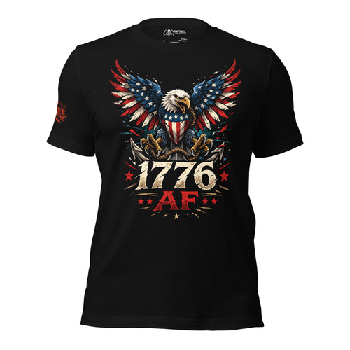 Front view of black tee featuring 1776 AF bald eagle with red, white, and blue wings design