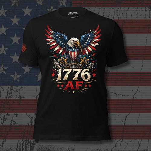 1776 AF bald eagle with red, white, and blue wings design front print black tee from Infidel Collective