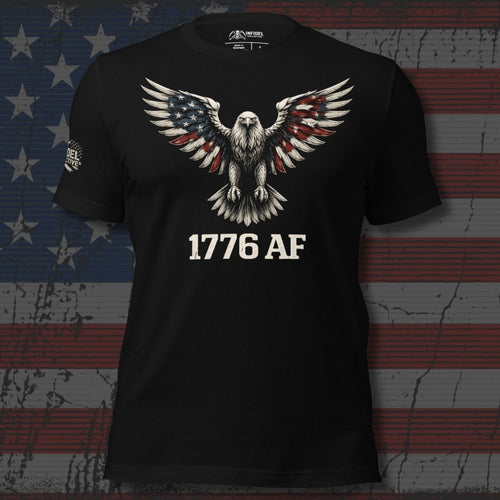 Black t-shirt with an eagle design and '1776 AF' text on a distressed American flag background.