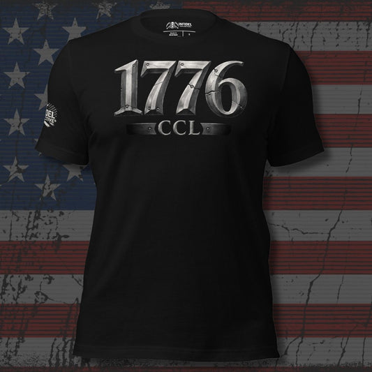 Black t-shirt with '1776 CCL' design on an American flag background