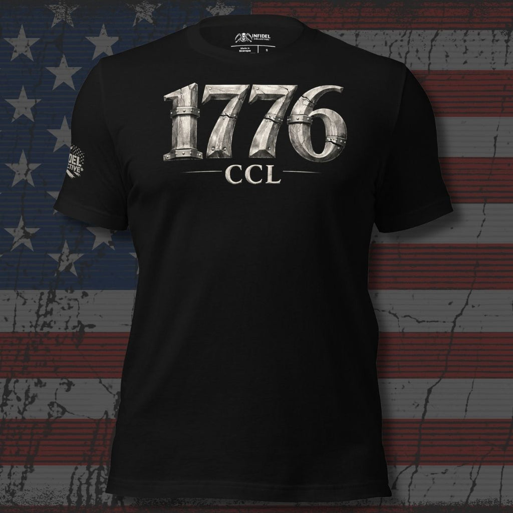 Black t-shirt with '1776 CCL' design on an American flag background