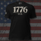 Black t-shirt with '1776 CCL' design on an American flag background