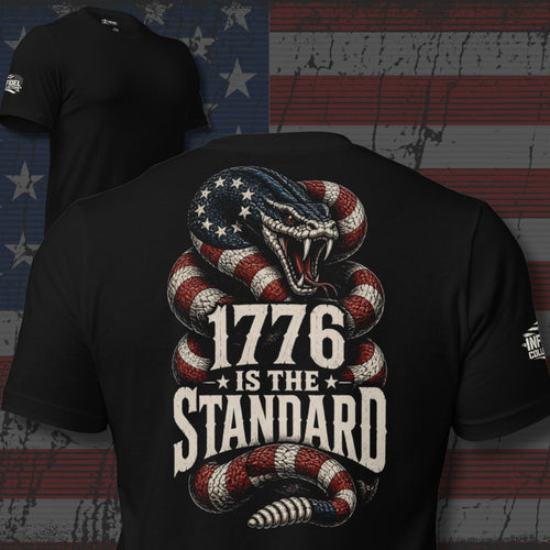 1776 Is the Standard American flag rattlesnake design back print black tee from Infidel Collective