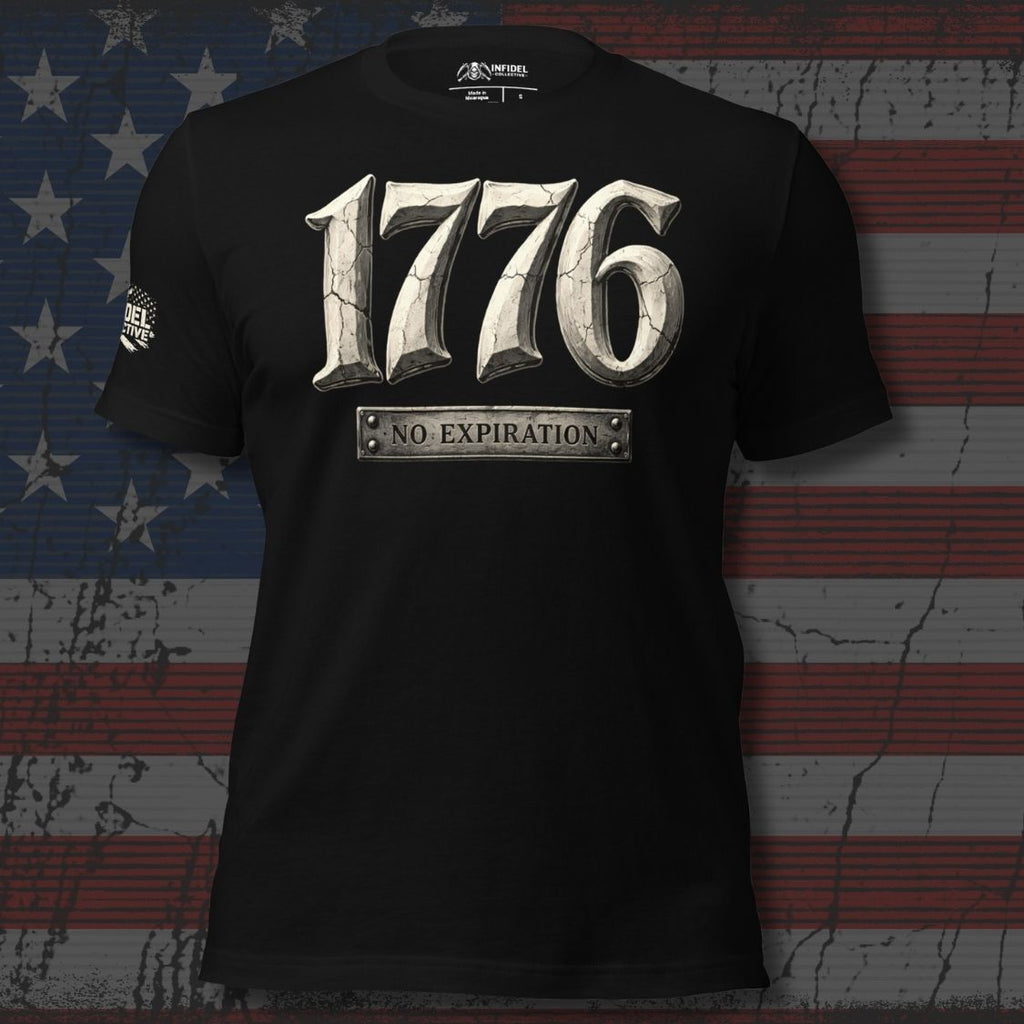 1776 No Expiration front print tee with distressed stone-style 1776 graphic and metal plaque text on black shirt