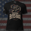 Freedom Bites Back coiled rattlesnake design front print black tee from Infidel Collective