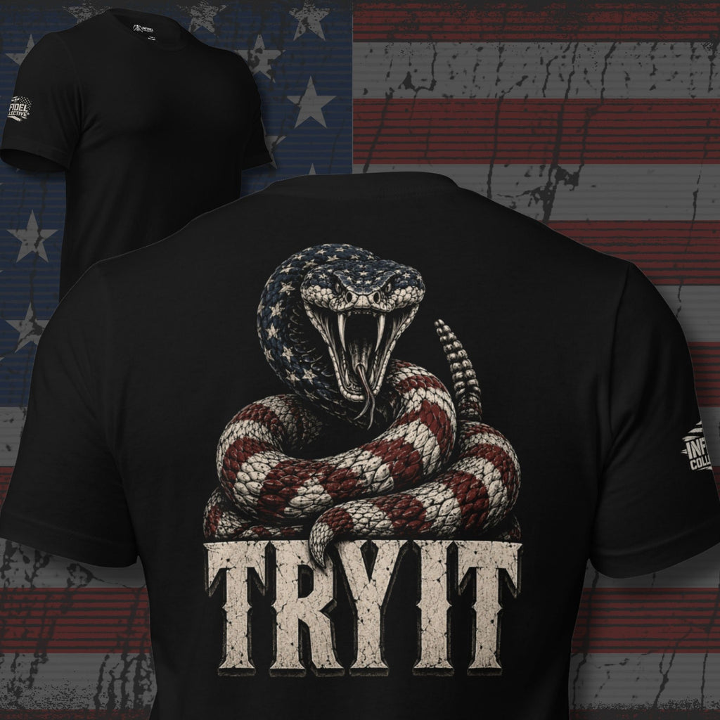 2A Try It rattlesnake back print black tee from Infidel Collective