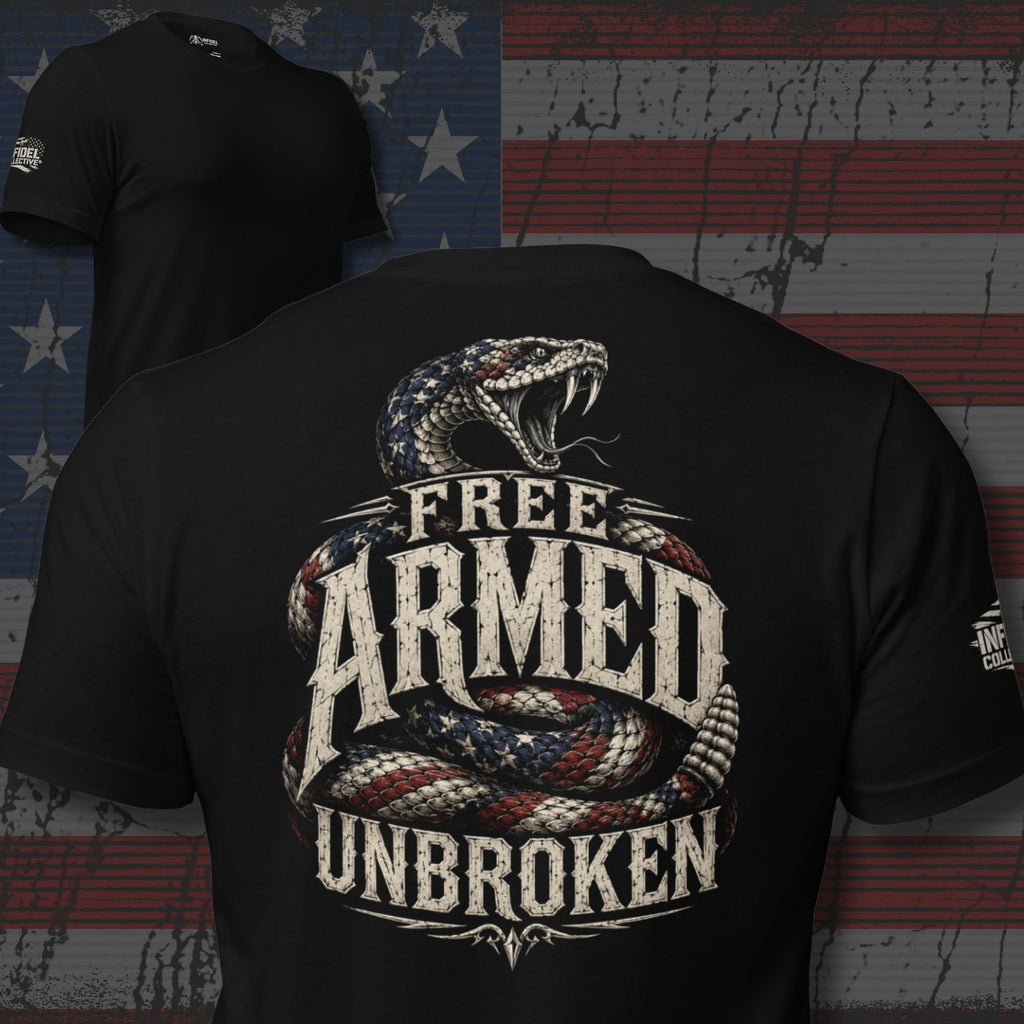Free Armed Unbroken rattlesnake back print black tee from Infidel Collective