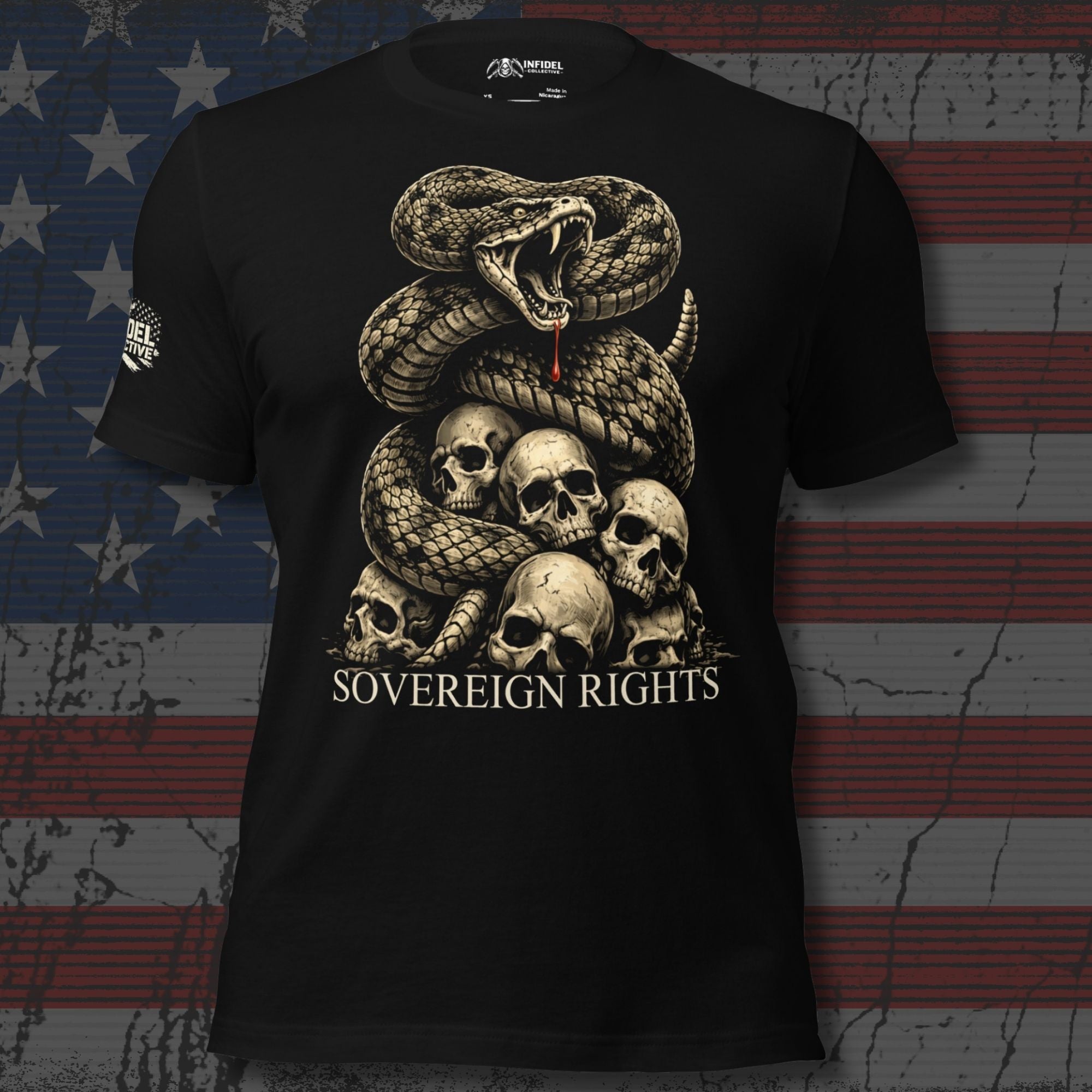 Sovereign Rights rattlesnake graphic black tee from Infidel Collective