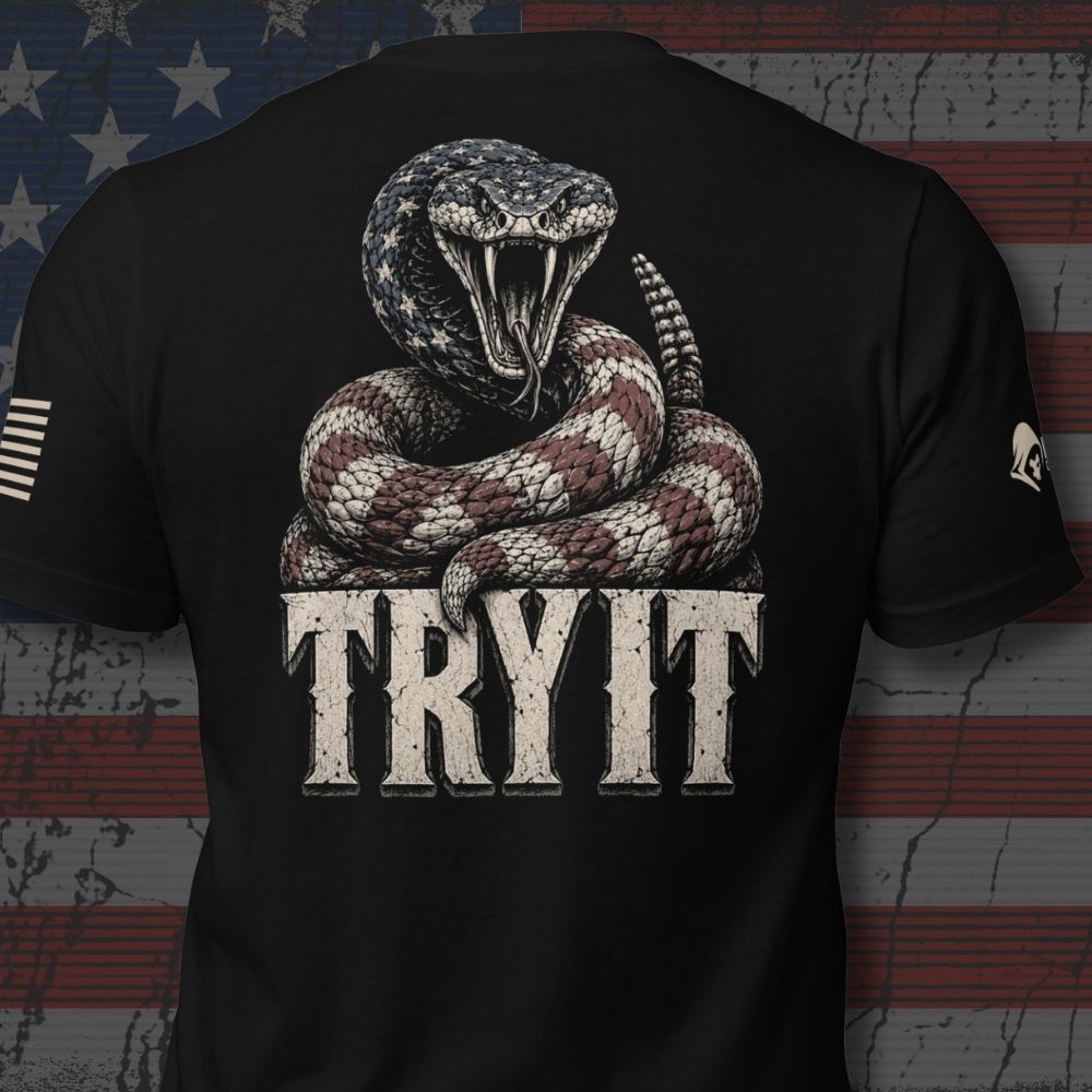 red, white, and blue rattlesnake over Try It lettering design back print black tee from Infidel Collective