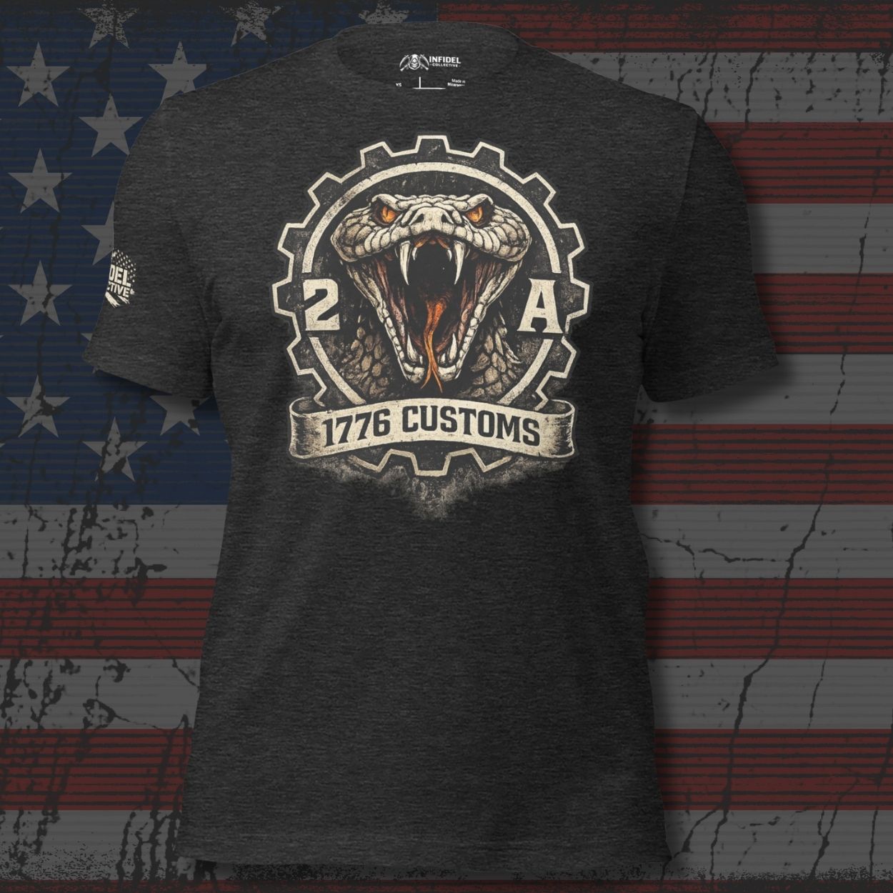 Black t-shirt with snake graphic and '1776 Customs' text on an American flag background