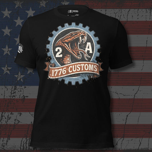 Black t-shirt with a snake and gear design on an American flag background