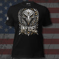 Infidel bald eagle with layered steel feathers design front print black tee from Infidel Collective