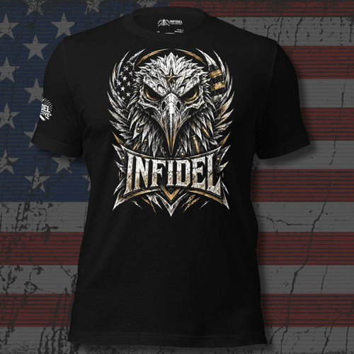 Infidel bald eagle with layered steel feathers design front print black tee from Infidel Collective