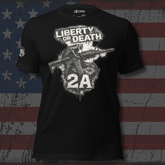 Black t-shirt with 'Liberty or Death 2A' graphic design on an American flag background