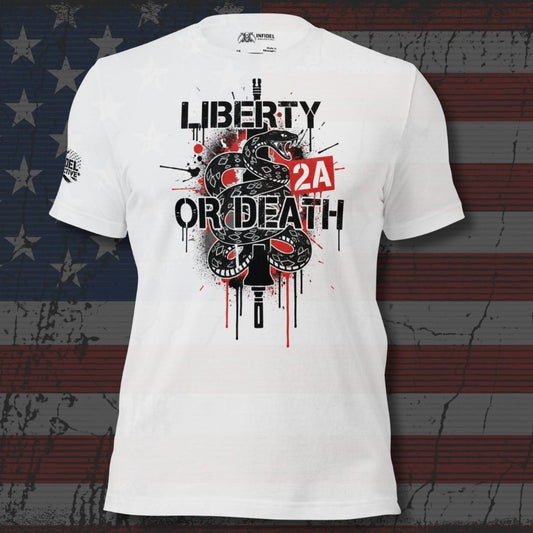 White t-shirt with snake graphic and text 'Liberty or Death 2A' on an American flag background