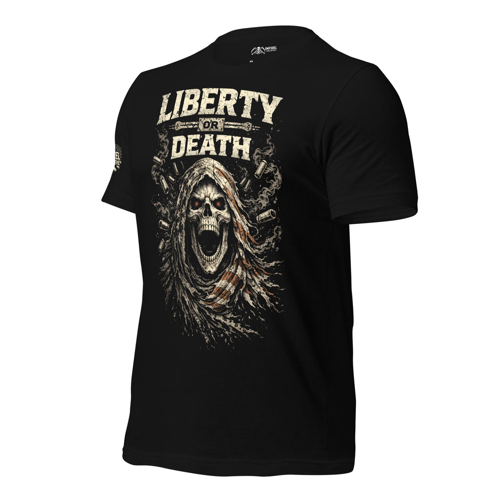 Black t-shirt with 'Liberty or Death' graphic design on a white background