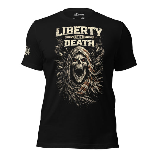 Black t-shirt with 'Liberty or Death' graphic and skull design on a white background