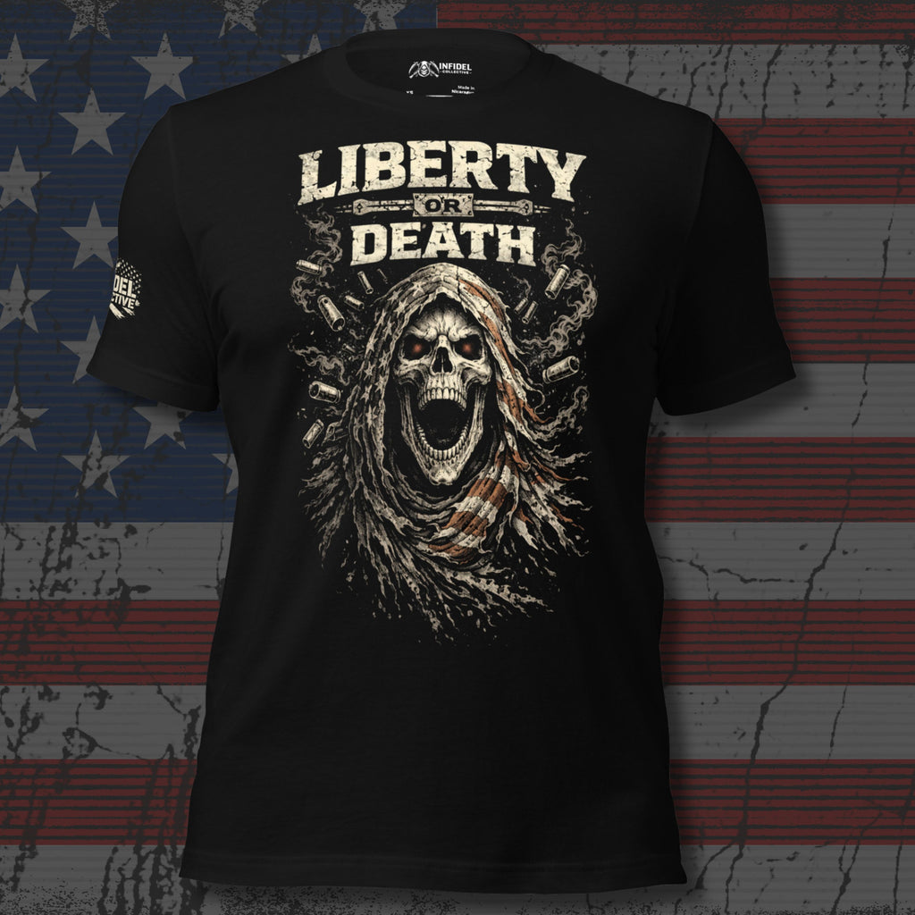 Black t-shirt with 'Liberty or Death' graphic design on a textured American flag background