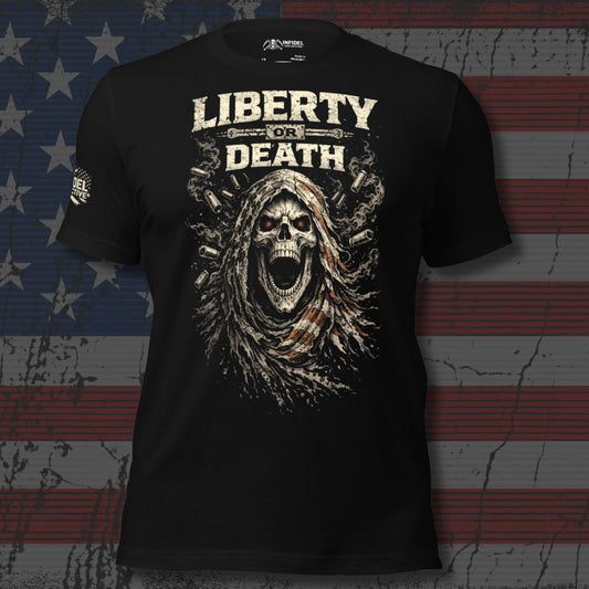 Black t-shirt with 'Liberty or Death' graphic design on a textured American flag background