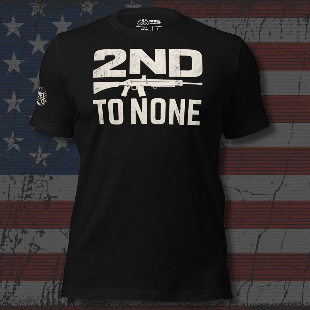 Black t-shirt with '2nd to None' text and rifle graphic on an American flag background