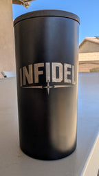 Black Infidel Collective 4-in-1 can cooler with laser-engraved INFIDEL logo