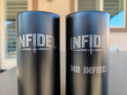 Two black Infidel Collective 4-in-1 can coolers showing standard and personalized engraving