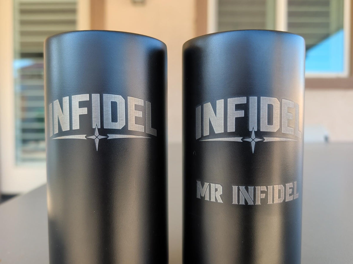 Two black Infidel Collective 4-in-1 can coolers showing standard and personalized engraving