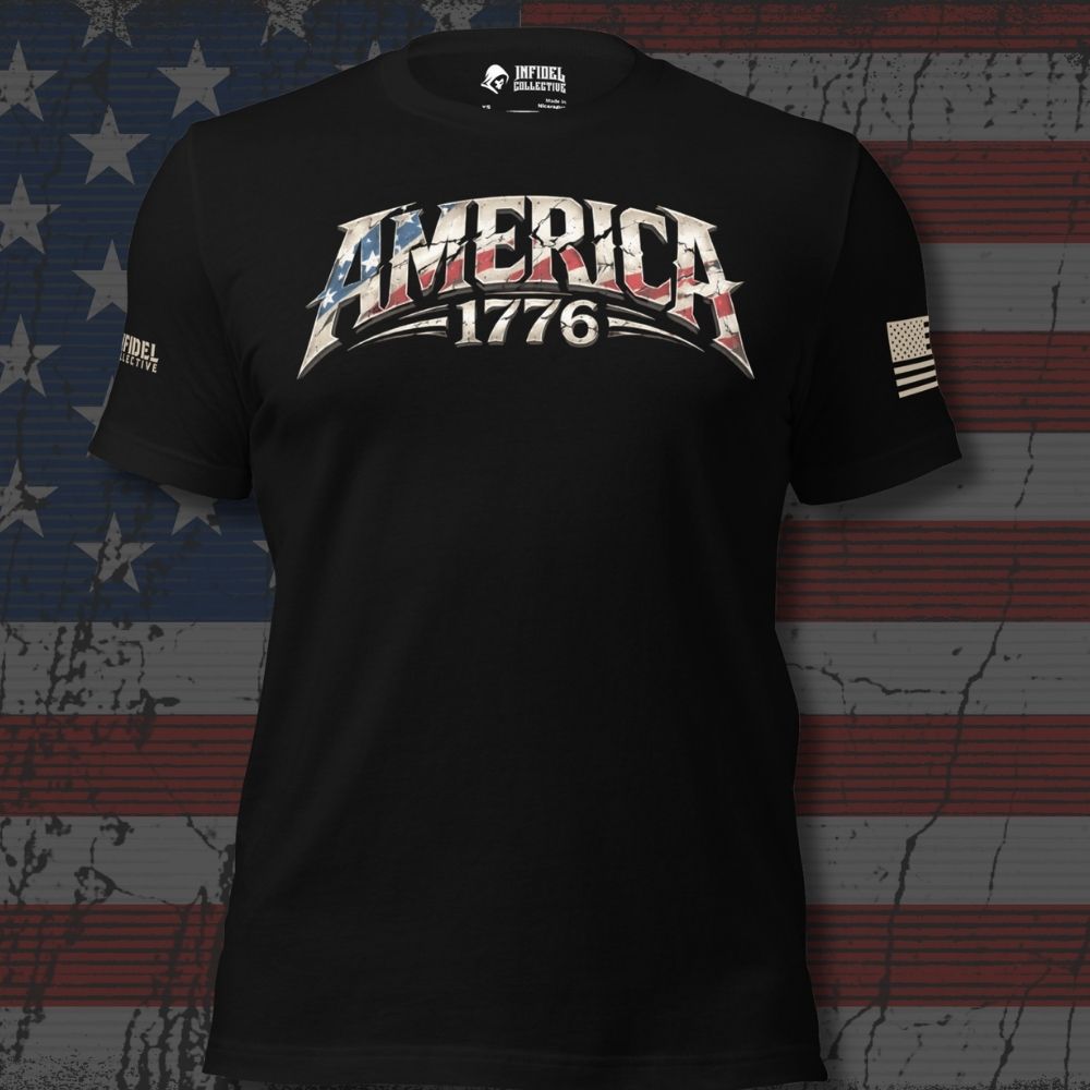 Infidel Collective black tee with American flag-filled “AMERICA 1776” front lettering