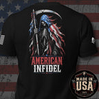 Black short-sleeve graphic T-shirt shown from the back, featuring a grim reaper holding a scythe with an American flag pattern, the words 'AMERICAN INFIDEL' in red and white, and a circular 'MADE IN USA 100% AMERICAN MADE' badge in the lower right corner.