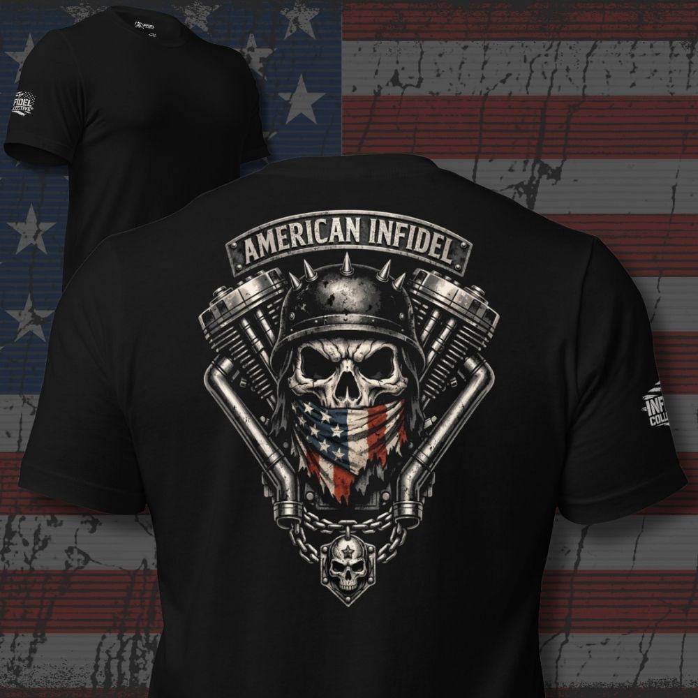 Black t-shirt with 'American Infidel' design featuring a skull and American flag against an American flag background.