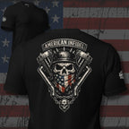 Black t-shirt with 'American Infidel' design featuring a skull and American flag against an American flag background.