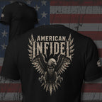 American Infidel eagle shield graphic back print black tee with distressed wings and patriotic emblem