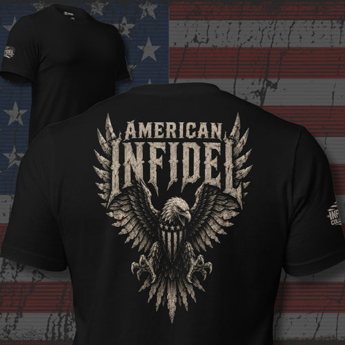 American Infidel bald eagle crest with spread wings design back print black tee from Infidel Collective
