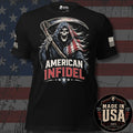 A black short-sleeve graphic T-shirt displayed against a distressed American flag background. The front graphic shows a grim reaper holding a scythe with an American flag motif, above the words “AMERICAN INFIDEL” in white and red.