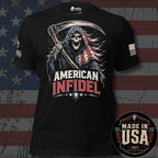 A black short-sleeve graphic T-shirt displayed against a distressed American flag background. The front graphic shows a grim reaper holding a scythe with an American flag motif, above the words “AMERICAN INFIDEL” in white and red.