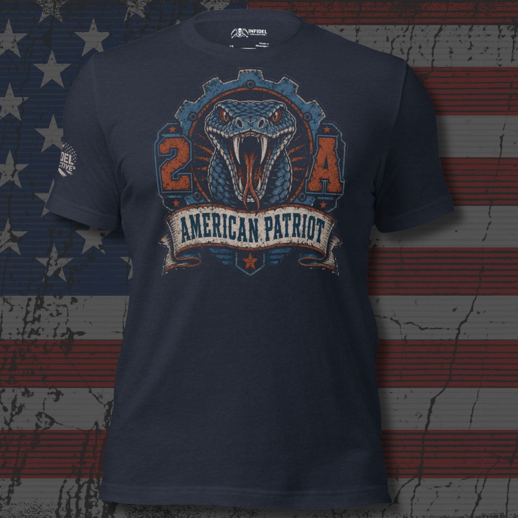 American Patriot 2A rattlesnake graphic heather navy tee from Infidel Collective
