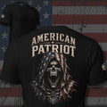 American Patriot hooded reaper wrapped in torn American flag cloth design back print black tee from Infidel Collective