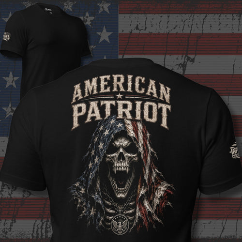 American Patriot hooded reaper wrapped in torn American flag cloth design back print black tee from Infidel Collective