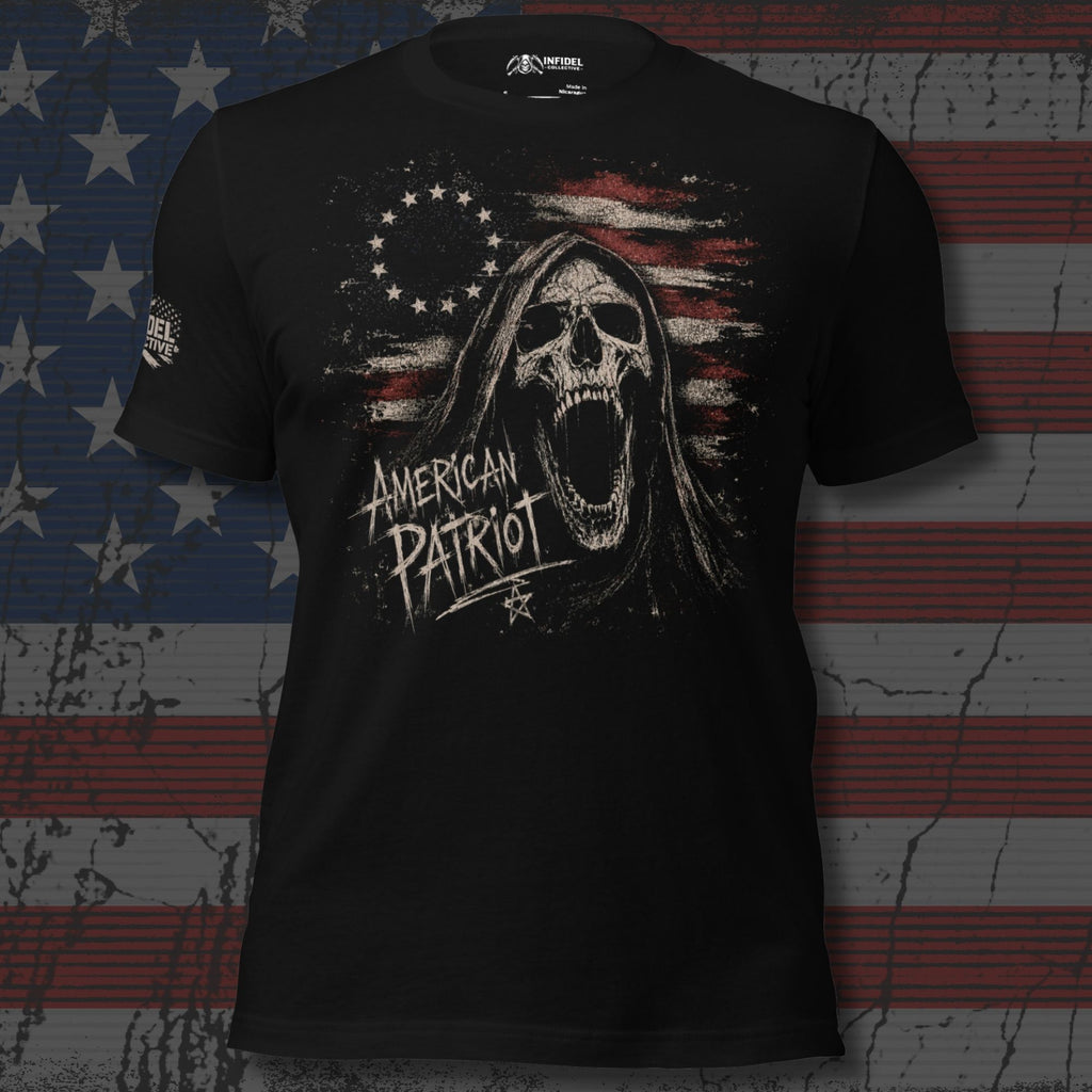 American Patriot Reaper flag graphic black tee from Infidel Collective