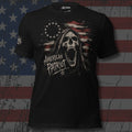 American Patriot hooded reaper over a distressed American flag design front print black tee from Infidel Collective