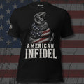 American flag rattlesnake with American Infidel text front print black tee from Infidel Collective