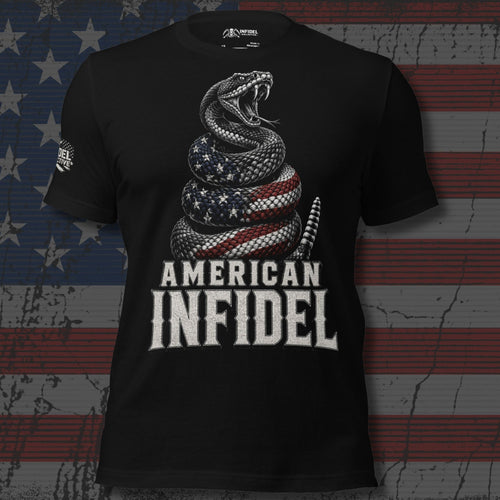 American flag rattlesnake with American Infidel text front print black tee from Infidel Collective
