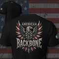 armored bald eagle with American flag wings and American Backbone text back print black tee from Infidel Collective