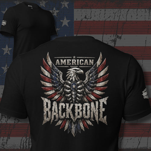 armored bald eagle with American flag wings and American Backbone text back print black tee from Infidel Collective